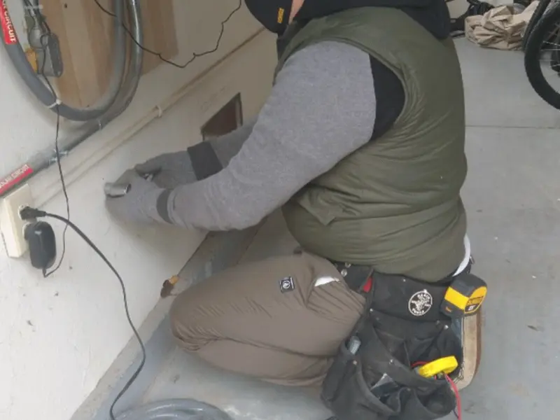 Electrician performing outlet wiring in a Westlake garage